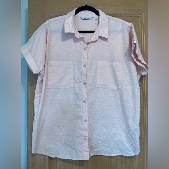 Orvis Top Womens Pink Swiss Dot Short Sleeve Button Up Boho Casual Blouse - Picture 2 of 9